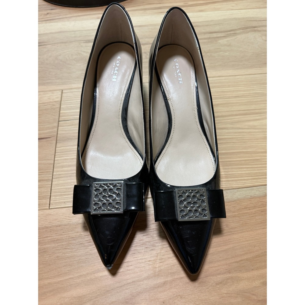 Coach Aster Kitten Heels Women 9.5 Black Patent Leather‎ Bow Logo Pointed Toe